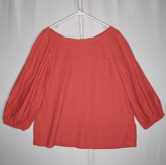 Loft Linen Blend Top Women Large Peasant 3/4 Bishop Sleeve Boho Minimalist Coral - Picture 1 of 9